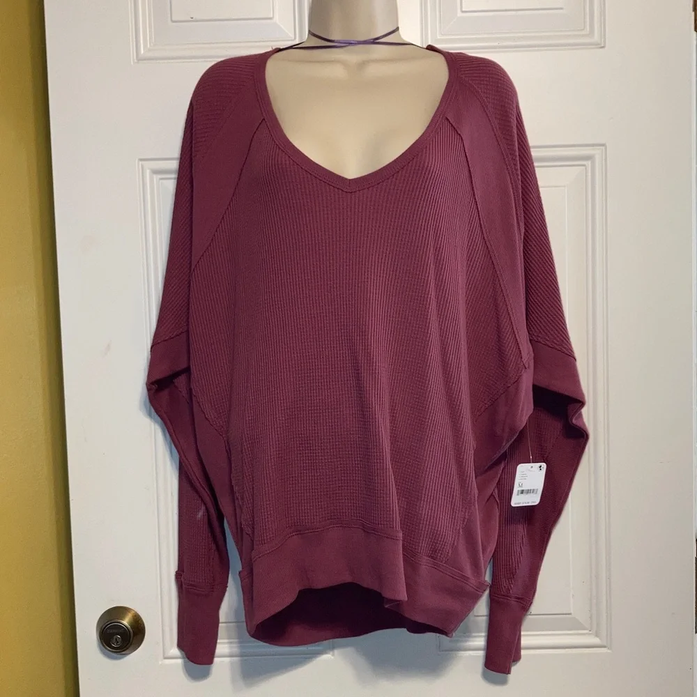 FREE PEOPLE Santa Clara Cotton Thermal V Neck Mulberry Top Womens Medium